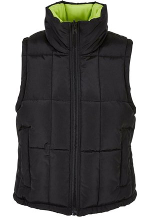 Black puffer vest featuring a high collar, front zipper, and pockets. Interior lined in bright green. Quilted texture throughout.