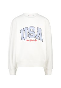 Felpa bianca con la scritta "USA" in azzurro chiaro e "New York City" in rosso, con un taglio rilassato e polsini a costine. Materiale in cotone morbido.