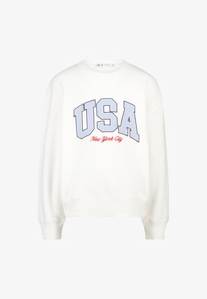 Sweat-shirt blanc arborant "USA" en bleu clair et "New York City" en rouge, avec une coupe décontractée et des poignets côtelés. Matière en coton doux.