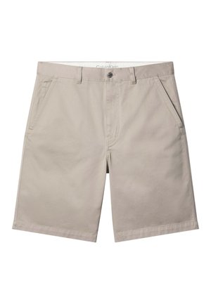 Pantaloncini beige da uomo fino al ginocchio con bottone frontale, cerniera, passanti per cintura e tasche laterali, distesi in piano.