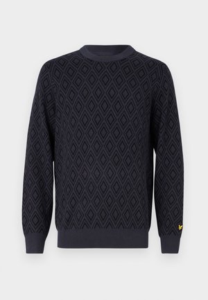 Navy blue knitted sweater featuring a diamond pattern, round neckline, ribbed cuffs, and hem, with a small yellow logo on the left sleeve.