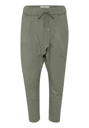 Green cotton blend jogger pants with a tapered fit, elastic waistband, drawstring, and diagonal stitching accents. Features side pockets.