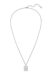 Sidabrinė apyrankė su sukta grandine ir stačiakampiu pakabučiu, kuriame iškaltas delno raštas, ant reguliuojamos grandinės.