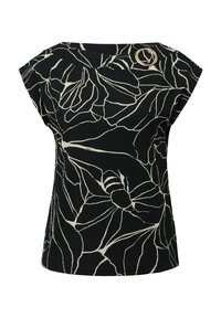 Zwarte top met wit bloemenpatroon. Gemaakt van textuurstof, heeft een brede halslijn en een gouden accent op de schouder.