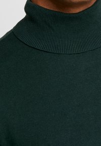 Primo piano di una persona che indossa un maglione a collo alto a coste di color verde scuro, con visibilità della zona del collo e della parte superiore del petto.