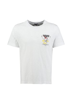 Weißes T-Shirt mit kurzen Ärmeln, Rundhalsausschnitt und kleinem Brustdruck eines fliegenden Vogels, gelben Spritzern und dem Wort "HOFFNUNG".