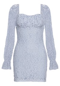 Krajkové mini šaty v světle modré barvě s dlouhými, nabíranými rukávy, čtvercovým výstřihem a květinovými vzory po celém materiálu.
