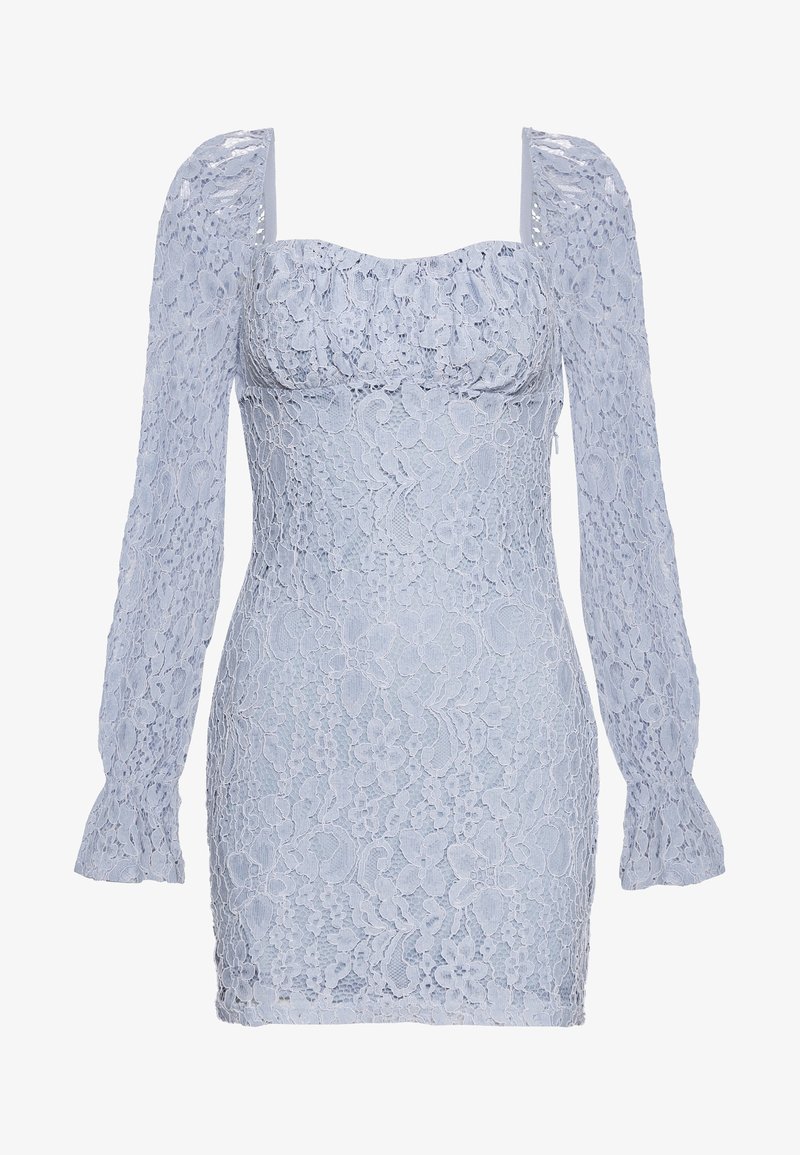 Krajkové mini šaty v světle modré barvě s dlouhými, nabíranými rukávy, čtvercovým výstřihem a květinovými vzory po celém materiálu.