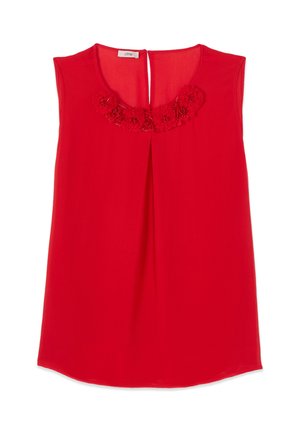 Ärmellose rote Bluse mit rundem Ausschnitt, floralen Verzierungen, vorderer Falte und Schlitzdetail am Rücken mit Knopfverschluss.