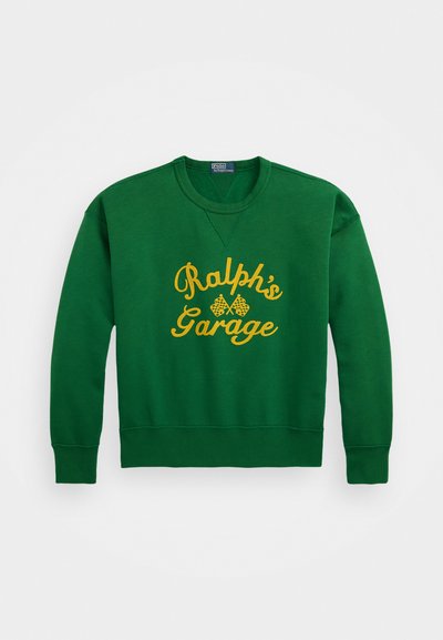 Green sweatshirt with a rounded neckline, featuring yellow embroidered text "Ralph’s Garage" and checkered flag details. Cotton blend material.
