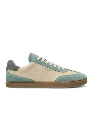 Sneaker basso in pelle color crema con sovrapposizioni in suede turchese, lacci bianchi, suola marrone e marchio "GROUNDIES" sul lato.