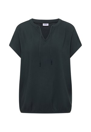 Ciemnozielona bluzka z krótkim rękawem, okrągłym dekoltem, rozcięciem z przodu zapinanym na sznureczki, elastycznym wykończeniem i luźnym krojem.