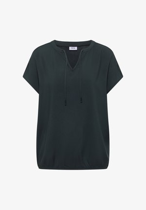 Ciemnozielona bluzka z krótkim rękawem, okrągłym dekoltem, rozcięciem z przodu zapinanym na sznureczki, elastycznym wykończeniem i luźnym krojem.