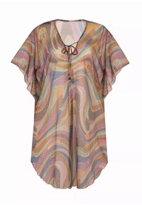 Przezroczysta narzutka w falisty wzór, z dekoltem w serek, krótkimi rękawami, w wielu kolorach, w tym różowym, pomarańczowym i niebieskim, z zapięciem na troczek.