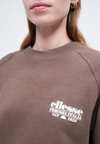 Detailný záber na osobu v hnedom mikinovom svetri s bielym logom "ellesse Perugia Italia Est 1959" a zlatými kruhovými náušnicami.