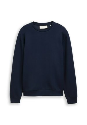 Bluza bleumarin cu guler rotund, mâneci lungi și manșete tip rib, așezată pe o suprafață albă.