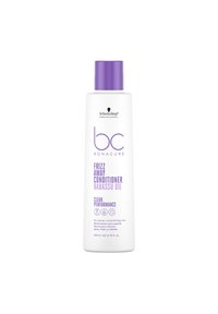 White plastic bottle with a purple cap. Label features the text "bc Bonacure Frizz Away Conditioner Babassu Oil" in purple and black. 200 mL.