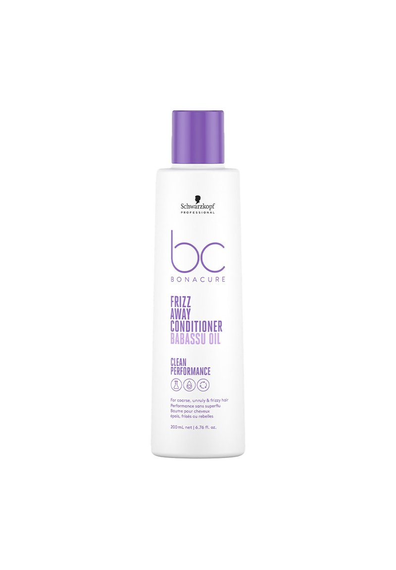 White plastic bottle with a purple cap. Label features the text "bc Bonacure Frizz Away Conditioner Babassu Oil" in purple and black. 200 mL.