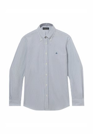 Herenoverhemd met lange mouwen en knopen, met blauw-witte verticale strepen en een klein geborduurd logo op de linkerborst.