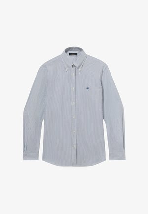 Męska koszula na długi rękaw z guzikiem, z pionowymi niebiesko-białymi paskami i małym haftowanym logo na lewej piersi.