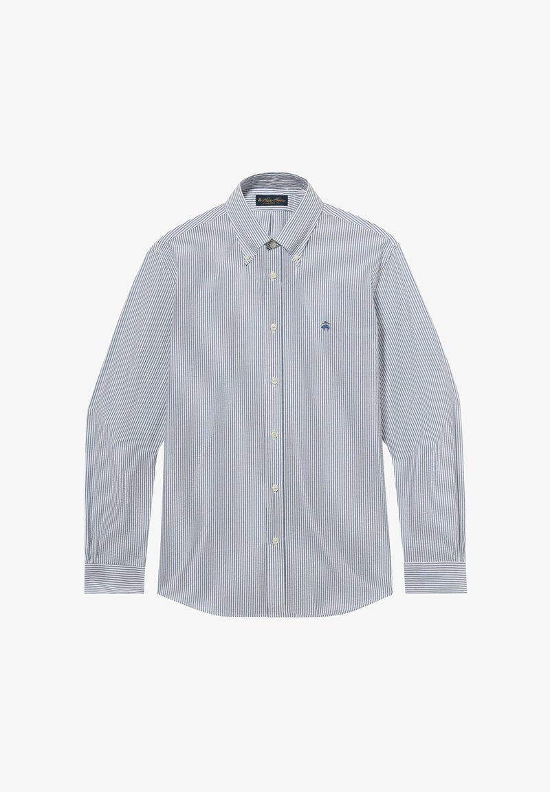 Herren-Langarmhemd mit blauen und weißen vertikalen Streifen und einem kleinen bestickten Logo auf der linken Brust.