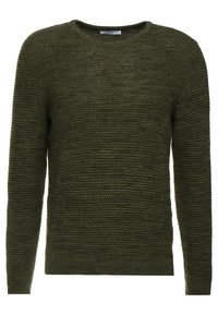 Pull à col rond vert foncé en maille avec manches longues et nervures horizontales texturées sur toute la surface.