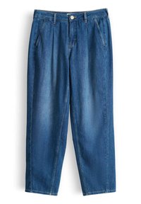Blue denim pants with pleated front, side pockets, belt loops, and button closure, displayed flat on a white background.