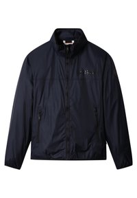 Giacca leggera blu navy realizzata in un materiale morbido e lucido. Presenta un colletto alto, una cerniera frontale e due tasche laterali con cerniera.