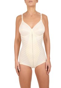 Beige shapewear bodysuit met gestreept ontwerp. Voorzien van beugelcups en verstelbare bandjes. Zachte textuur met een rits aan de voorkant.