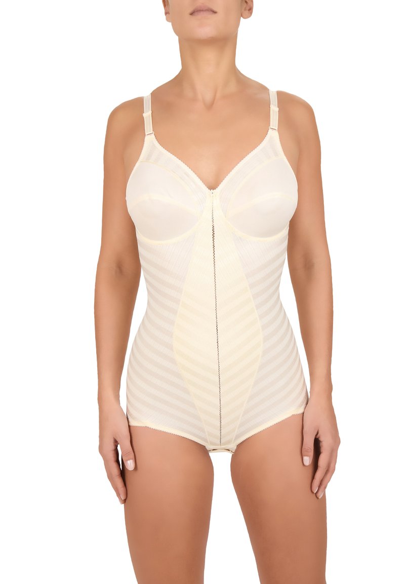 Beige shapewear bodysuit met gestreept ontwerp. Voorzien van beugelcups en verstelbare bandjes. Zachte textuur met een rits aan de voorkant.