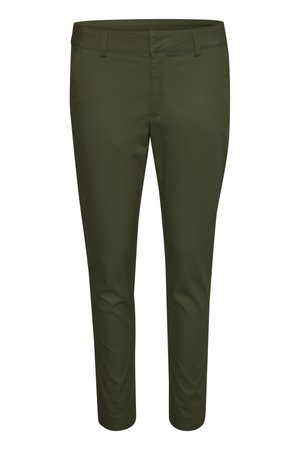Pantalons vert olive en tissu lisse, avec une coupe ajustée, des poches standard et une coupe droite.