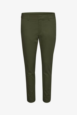 Olijfgroene broek van gladde stof, met een aansluitend ontwerp, standaardzakken en een recht gesneden pijp.