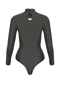 Body z długim rękawem w ciemnoszarym kolorze, z wysokim kołnierzem i wycięciem w kształcie klucza na plecach, o gładkiej fakturze i wąskim zasięgu na dole.