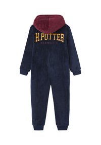 Navy Fleece Einteiler mit einer kastanienbraunen Kapuze, zeichnet sich durch ein gelbes gesticktes Logo "H. POTTER" und "HOGWARTS" auf dem Rücken aus. Gerippte Bündchen an den Ärmeln und Beinen.