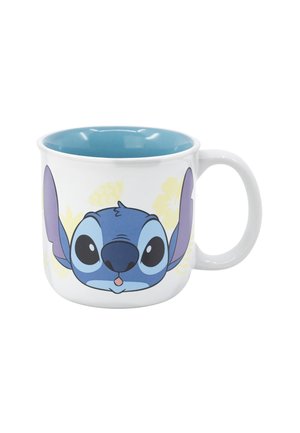 Ceramic mug with a white exterior and a teal interior, featuring a cartoon character with blue and purple accents and floral light yellow designs.