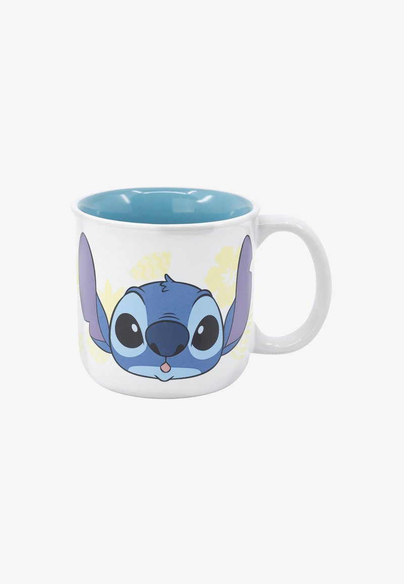 Ceramic mug with a white exterior and a teal interior, featuring a cartoon character with blue and purple accents and floral light yellow designs.