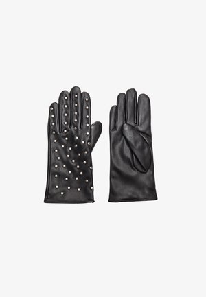 Zwarte leren handschoenen met aan de ene kant een gestempeld design met zilverkleurige studs en aan de andere kant een gladde afwerking, met een mooie aansluitende polsuitsnijding.