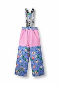 Multikleurige bretels met roze en blauwe panelen, bloemenprint en verstelbare zwarte bretels met witte tekst.