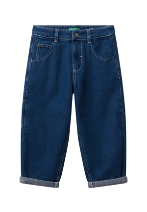 Pantaloni in denim blu scuro a vita alta, con orli arrotolati, tasche frontali, passanti per cintura e dettagli di cucitura bianca visibile.