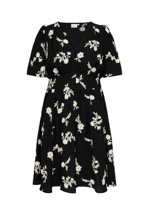 Must pikkade varrukatega kleit valge lillemustriga tikandiga, V-kaelusega, volangiga vöökoht ja kellukeseelikuga.