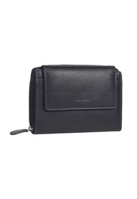 Navy blue leather wallet with a textured finish, zip closure, and a front flap. Features subtle branding and contrast stitching.