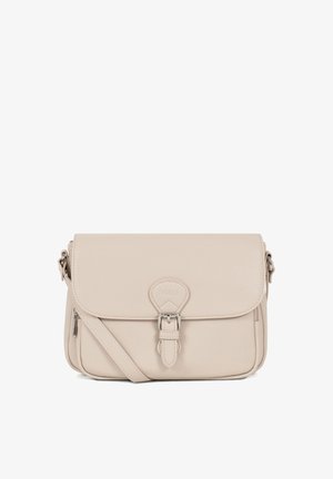 Sac bandoulière en cuir beige avec rabat à boucle sur le devant, sangle réglable et petite poche zippée sur le côté.