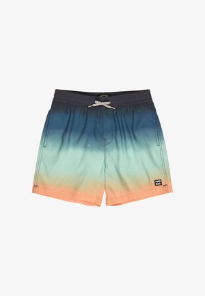 Men's swim shorts with gradient colors from dark blue to light blue to peach, featuring a drawstring waist and side pockets.