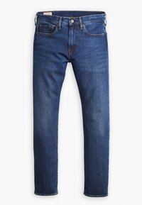 Dark blue denim jeans with a straight-leg design, five pockets, a button fly, and contrasting stitching detail along seams.