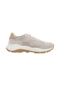 Sneaker beige clair avec une tige en mesh texturé, des accents en daim et une épaisse semelle blanche. Possède une semelle extérieure en caoutchouc pour l'adhérence.