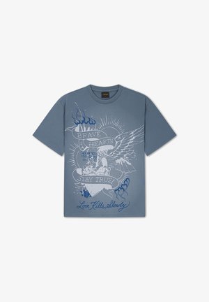 Ed Hardy, WOMENS BRAVE HEARTS STAY TRUE WASHED RELAXED T-SHIRT - T-Shirt print - blue