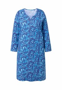 Abito blu con maniche lunghe, caratterizzato da un scollo a V e intricati motivi floreali in diverse tonalità di blu su uno sfondo uniforme.