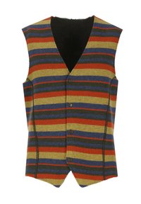 Gilet a righe in lana, con strisce orizzontali verdi, blu, rosse e gialle, scollatura a V e cinque bottoni frontali. Interno nero non foderato.