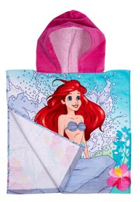 Asciugamano con cappuccio rosa che presenta un personaggio Disney con i capelli rossi e un top di conchiglie blu, decorato con disegni di acqua e fiori in colori vivaci.