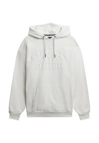 Hvid hættetrøje lavet af blødt stof, med frontkanguro lomme, snøre i hætten og præget "Superdry NYC Athletics" tekst.